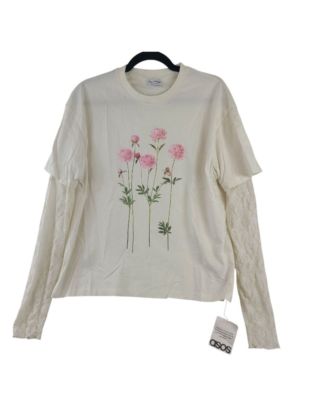 NEW Miss Selfridge Floral Print Lace Long Sleeve Cotton Top Sz M Cream Pink